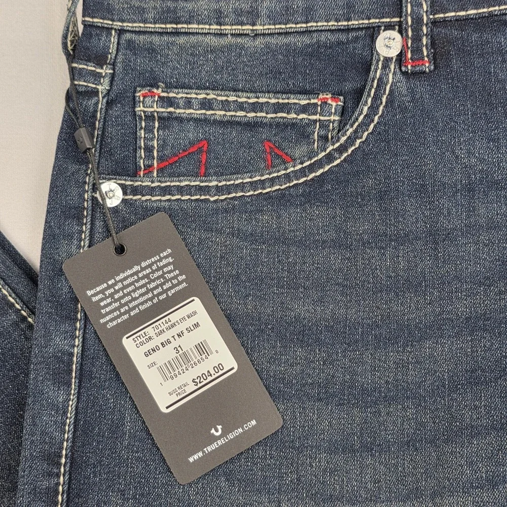 True Religion Jeans Mens Size 31 Geno Big T Relaxed Slim Dark Hawks Eye Wash New